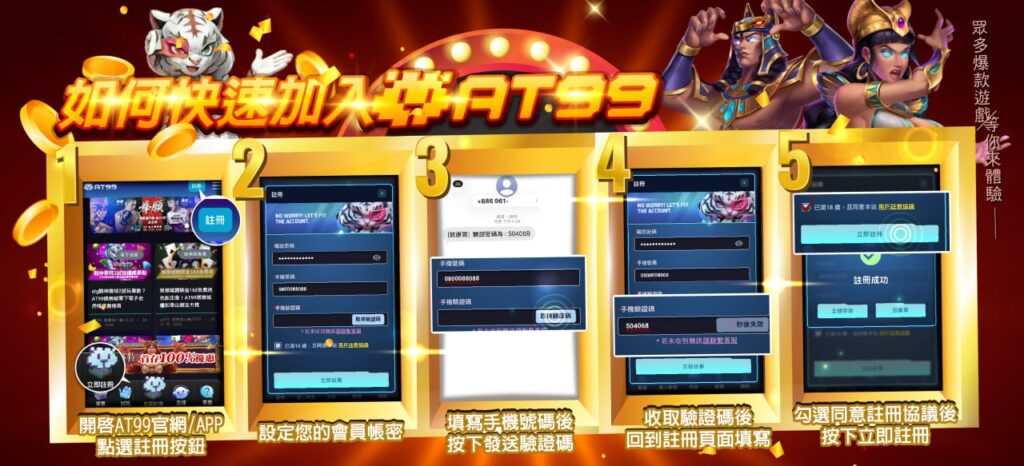 AT99加入教學五步驟示意圖，展示從首頁、填寫資料到完成註冊的完整流程畫面